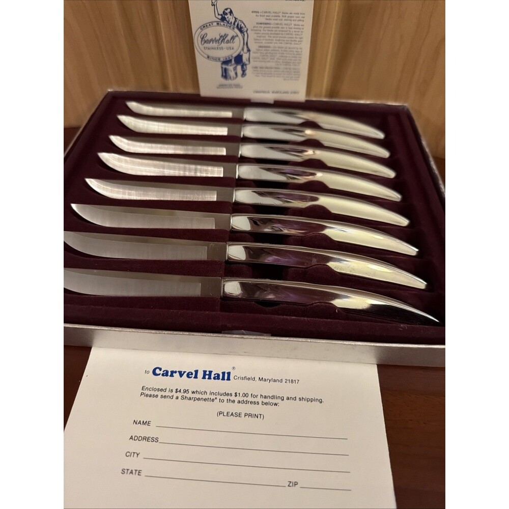 Carvel Hall Stainless Steel Steak Knives Vintage Set/8 In Box Made in USA.  EUC!